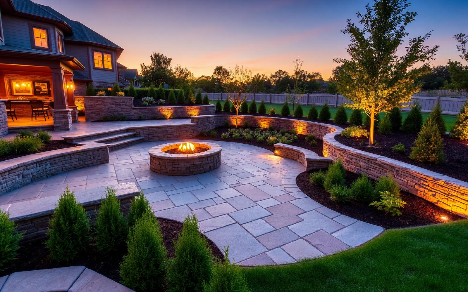 Custom hardscape landscape with stone patio and fire pit at golden hour